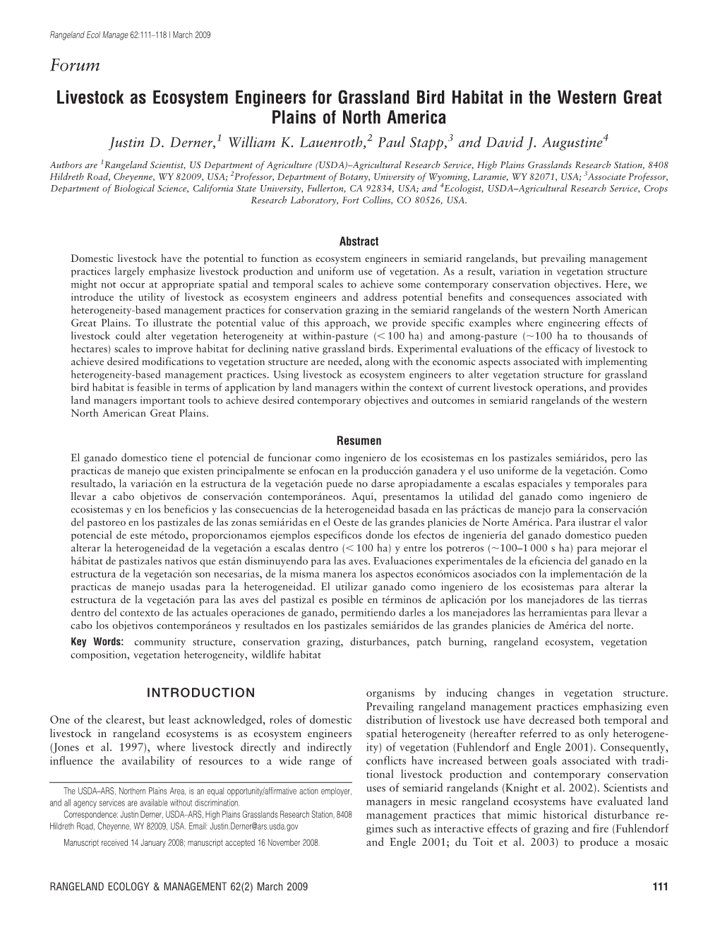 Livestock As Ecosystem Engineers for Grassland Bird Habitat in the Western Great Plains of North America Justin D