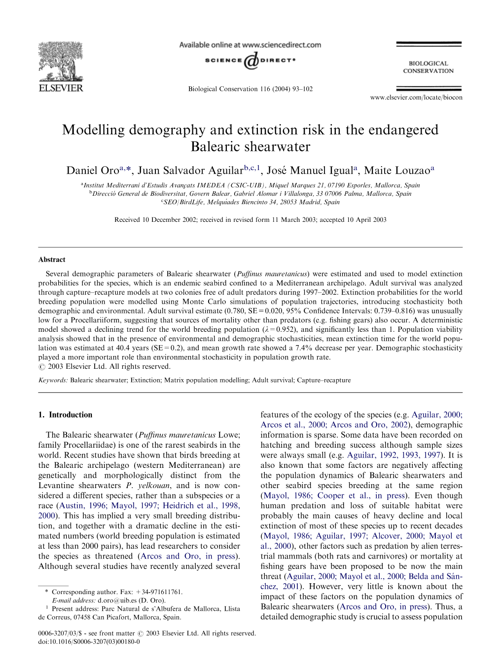 Modelling Demography and Extinction Risk in the Endangered Balearic Shearwater