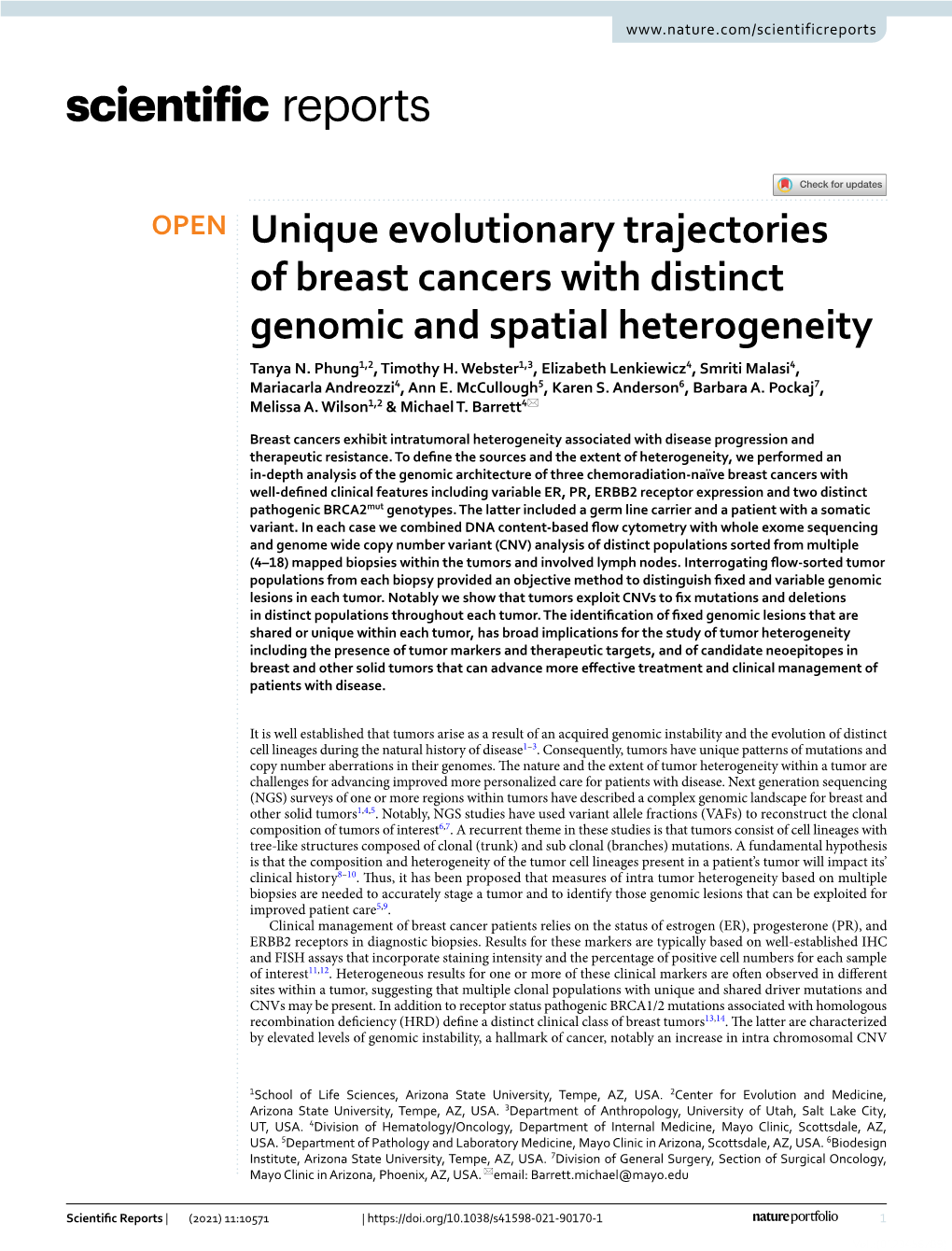 Unique Evolutionary Trajectories of Breast Cancers with Distinct Genomic and Spatial Heterogeneity Tanya N