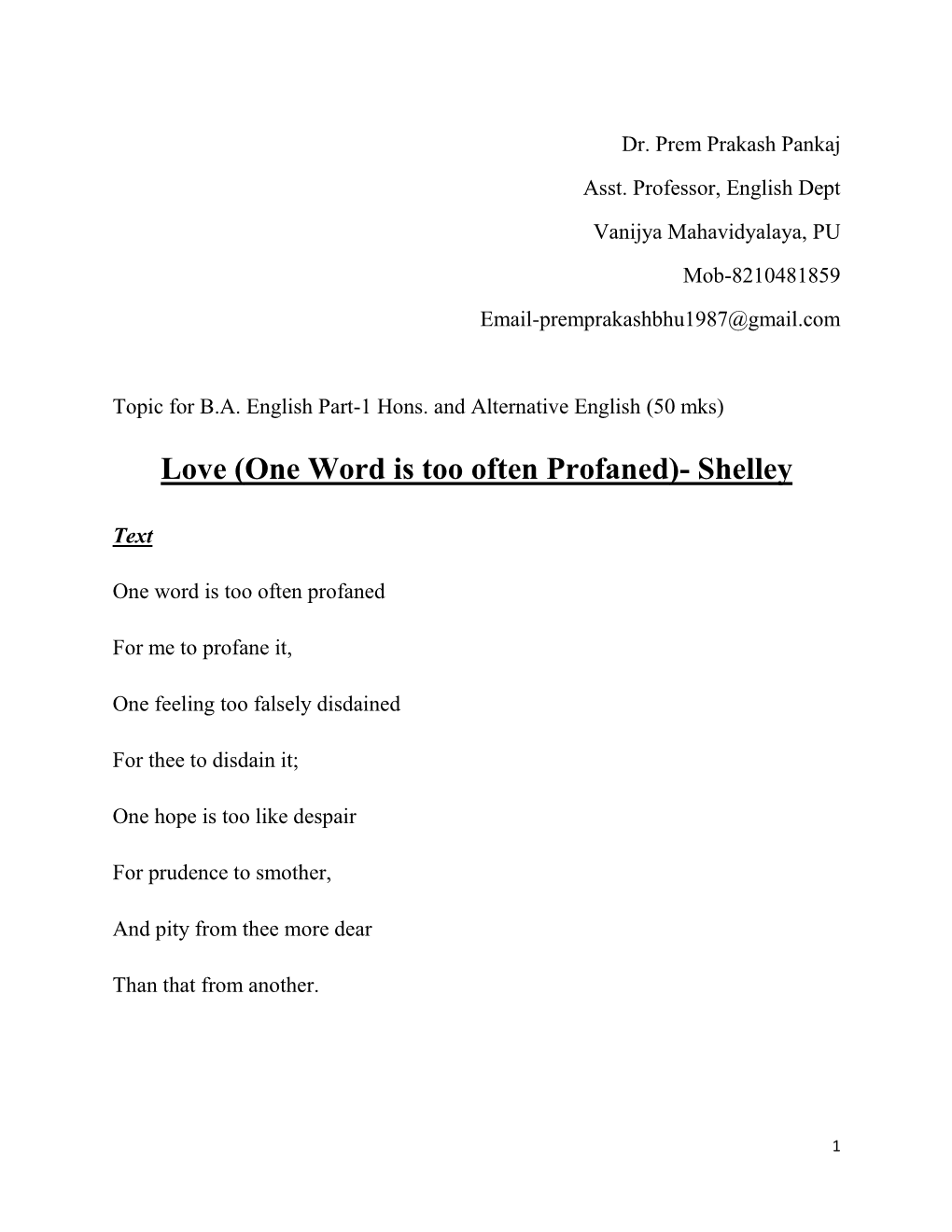 Love (One Word Is Too Often Profaned)- Shelley