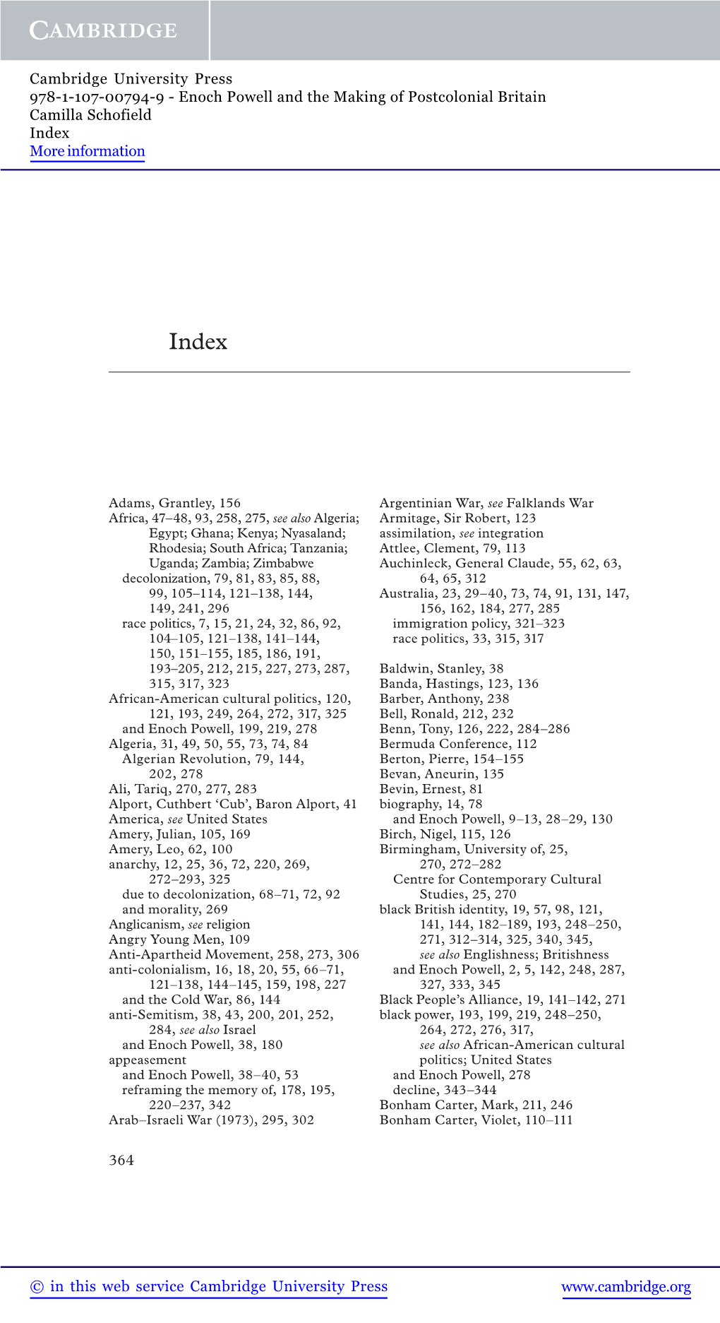 Enoch Powell and the Making of Postcolonial Britain Camilla Schofield Index More Information