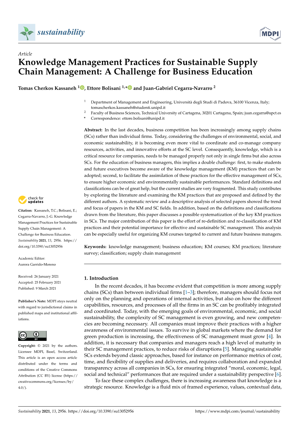 Knowledge Management Practices for Sustainable Supply Chain Management: a Challenge for Business Education