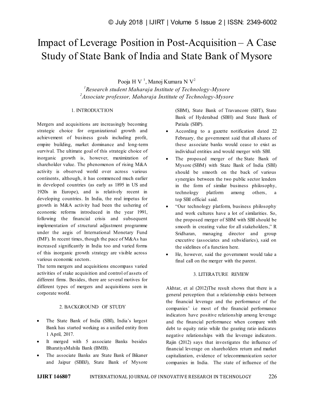 A Case Study of State Bank of India and State Bank of Mysore