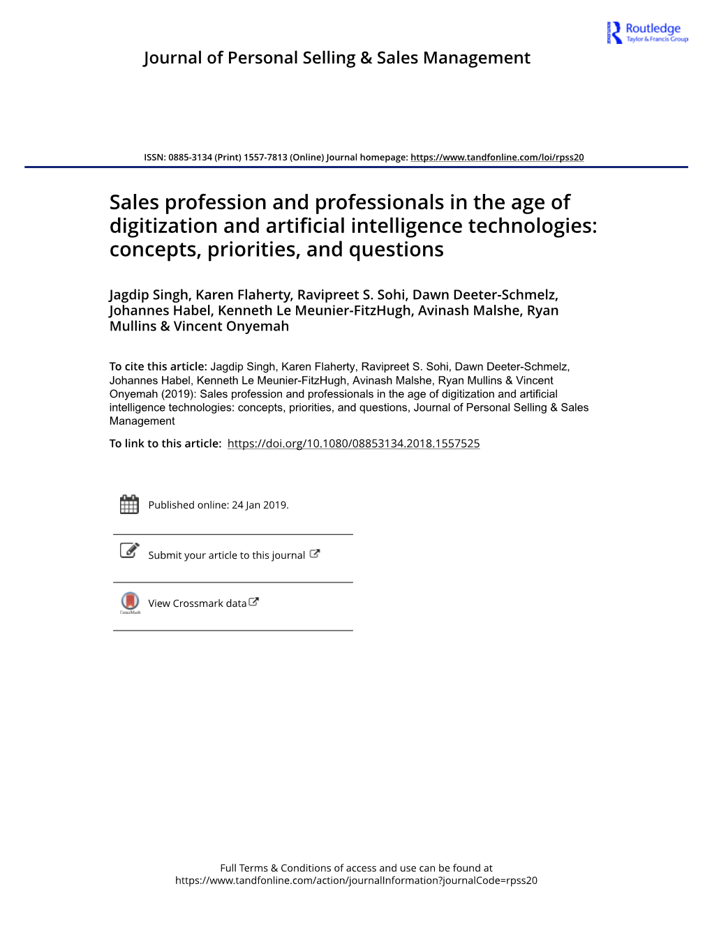 Sales Profession and Professionals in the Age of Digitization and Artificial Intelligence Technologies: Concepts, Priorities, and Questions