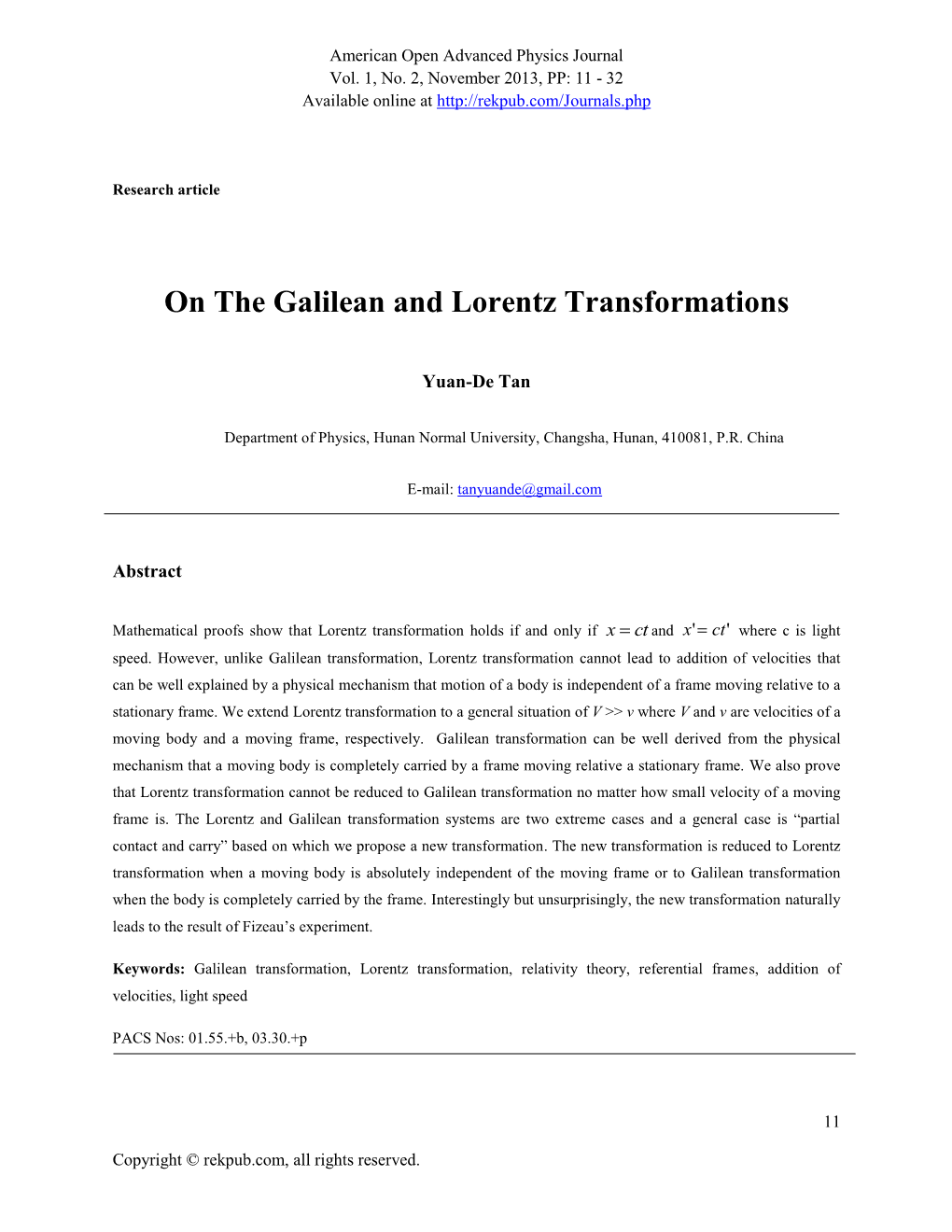 On the Galilean and Lorentz Transformations