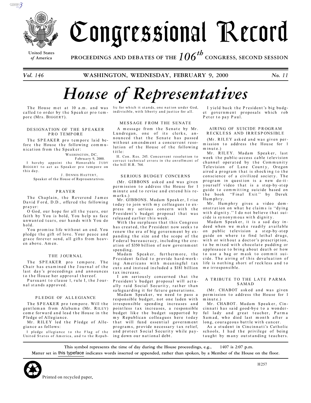 Congressional Record United States Th of America PROCEEDINGS and DEBATES of the 106 CONGRESS, SECOND SESSION