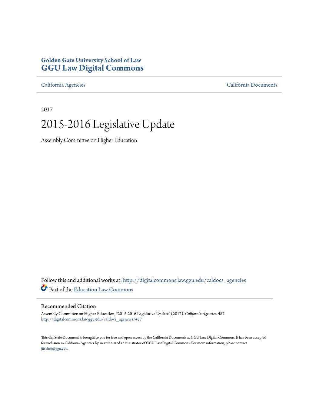 2015-2016 Legislative Update Assembly Committee on Higher Education