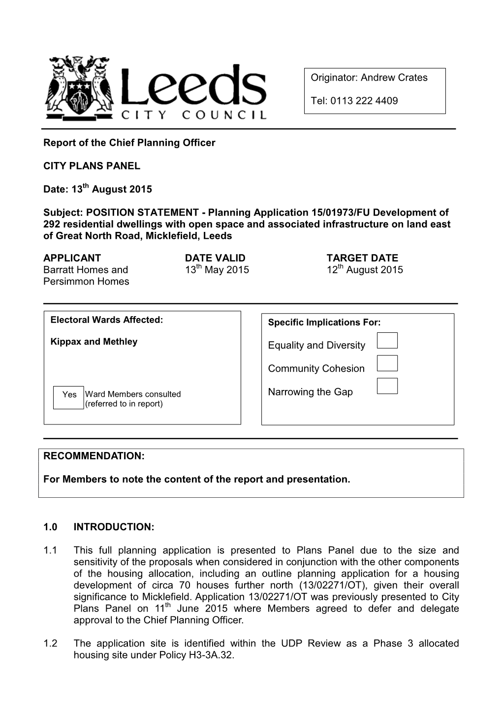 13 August 2015 Subject: POSITION STATEMENT