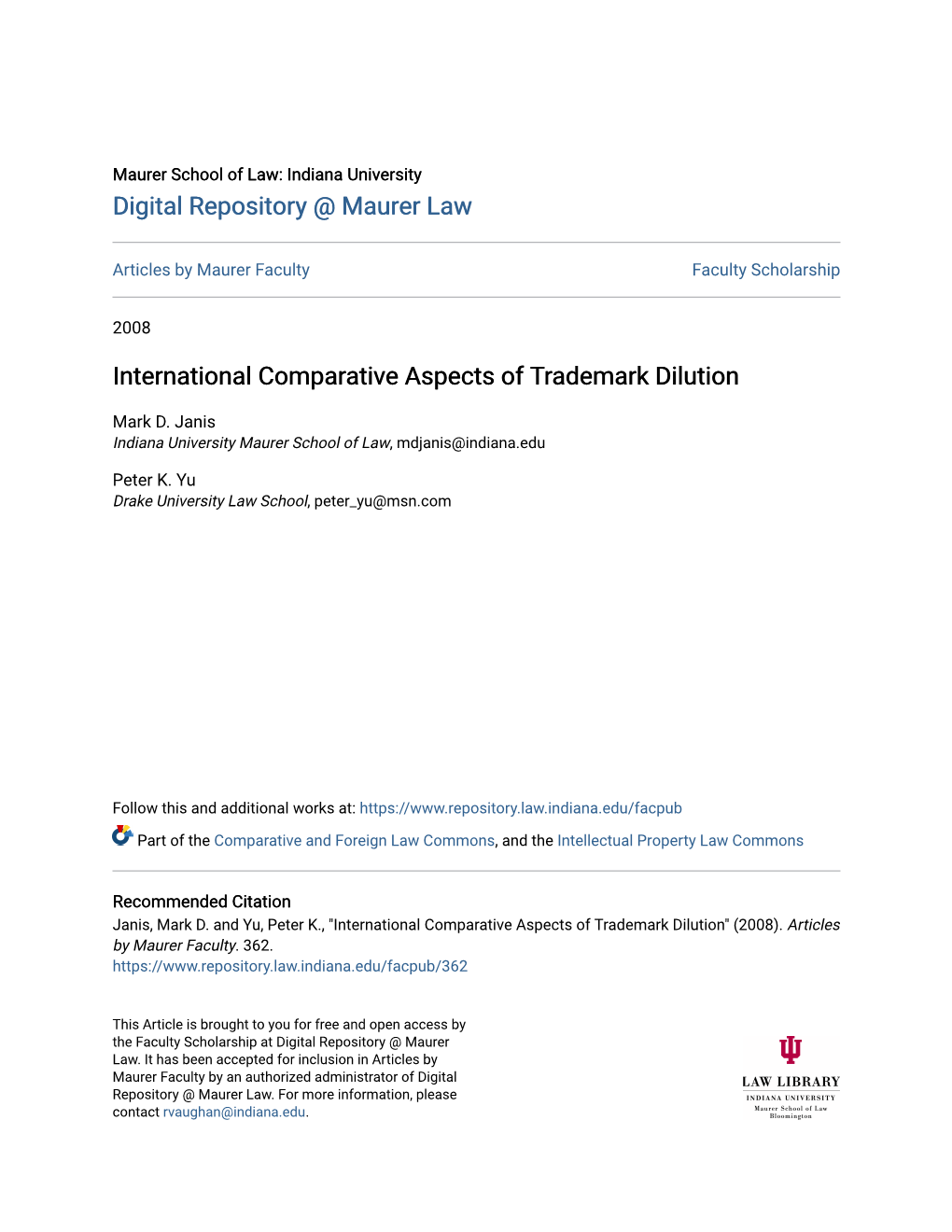 International Comparative Aspects of Trademark Dilution