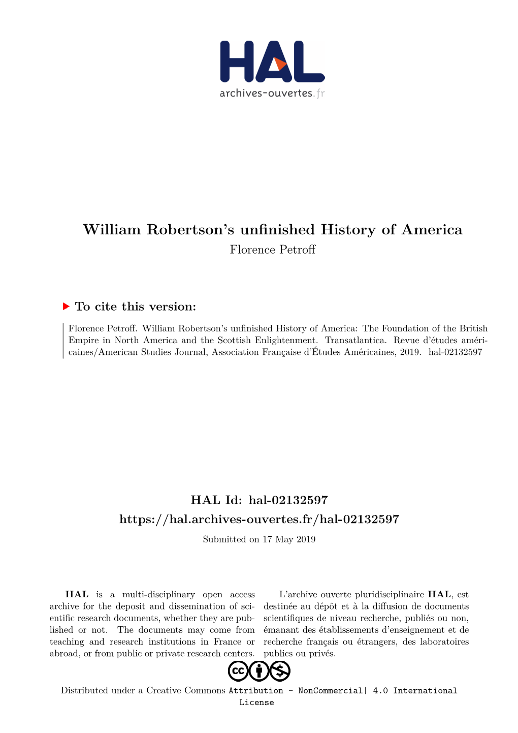 William Robertson's Unfinished History of America