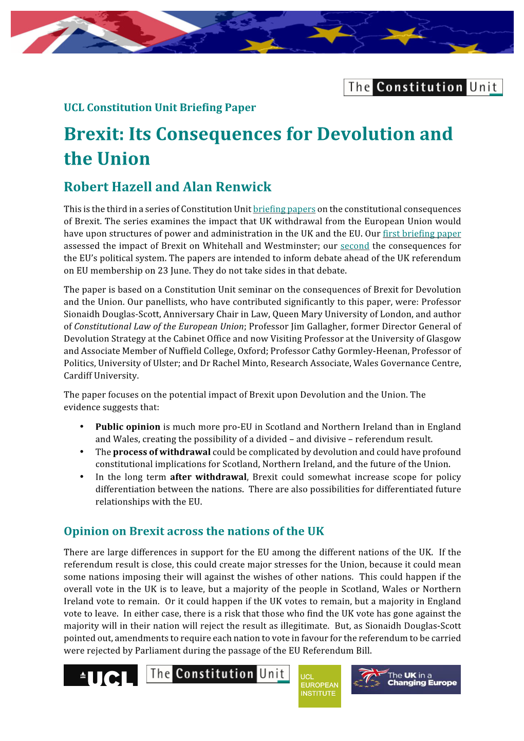 Brexit: Its Consequences for Devolution and the Union Robert Hazell and Alan Renwick