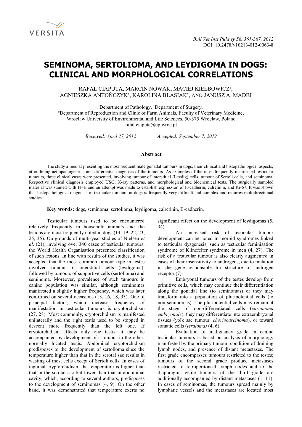 Seminoma, Sertolioma, and Leydigoma in Dogs: Clinical and Morphological Correlations