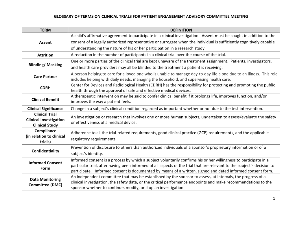 Glossary of Terms on Clinical Trials for Patient Engagement Advisory Committee Meeting