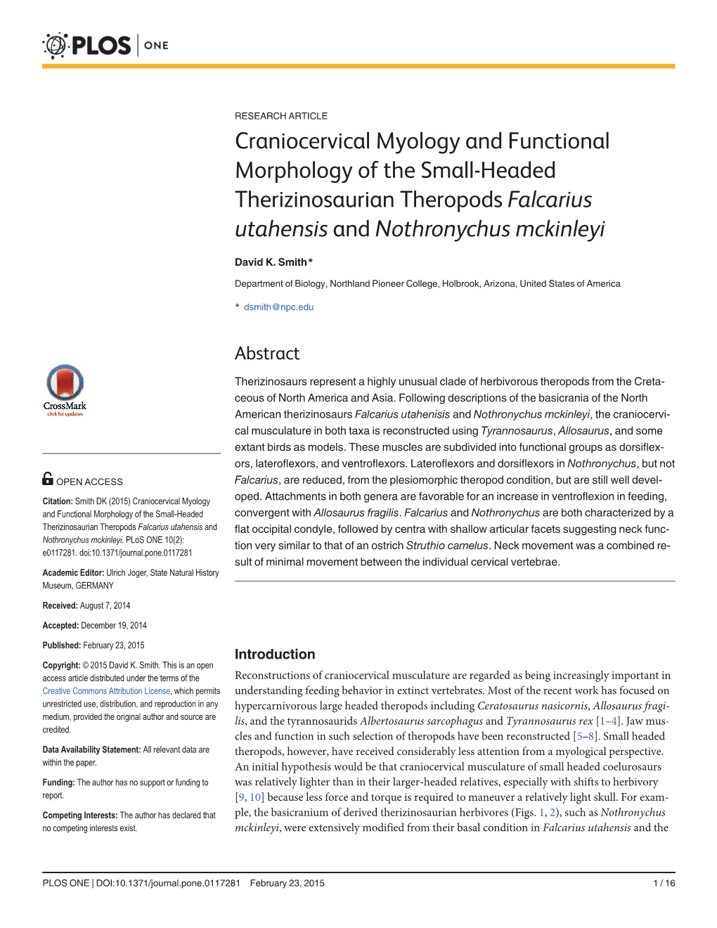 Craniocervical Myology and Functional Morphology of the Small-Headed Therizinosaurian Theropods Falcarius Utahensis and Nothronychus Mckinleyi