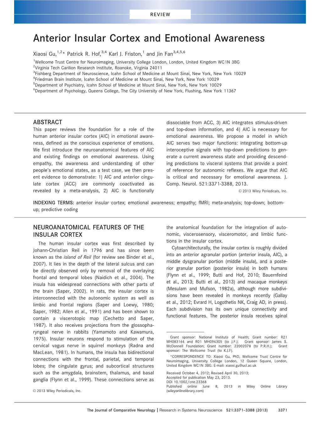 Anterior Insular Cortex and Emotional Awareness