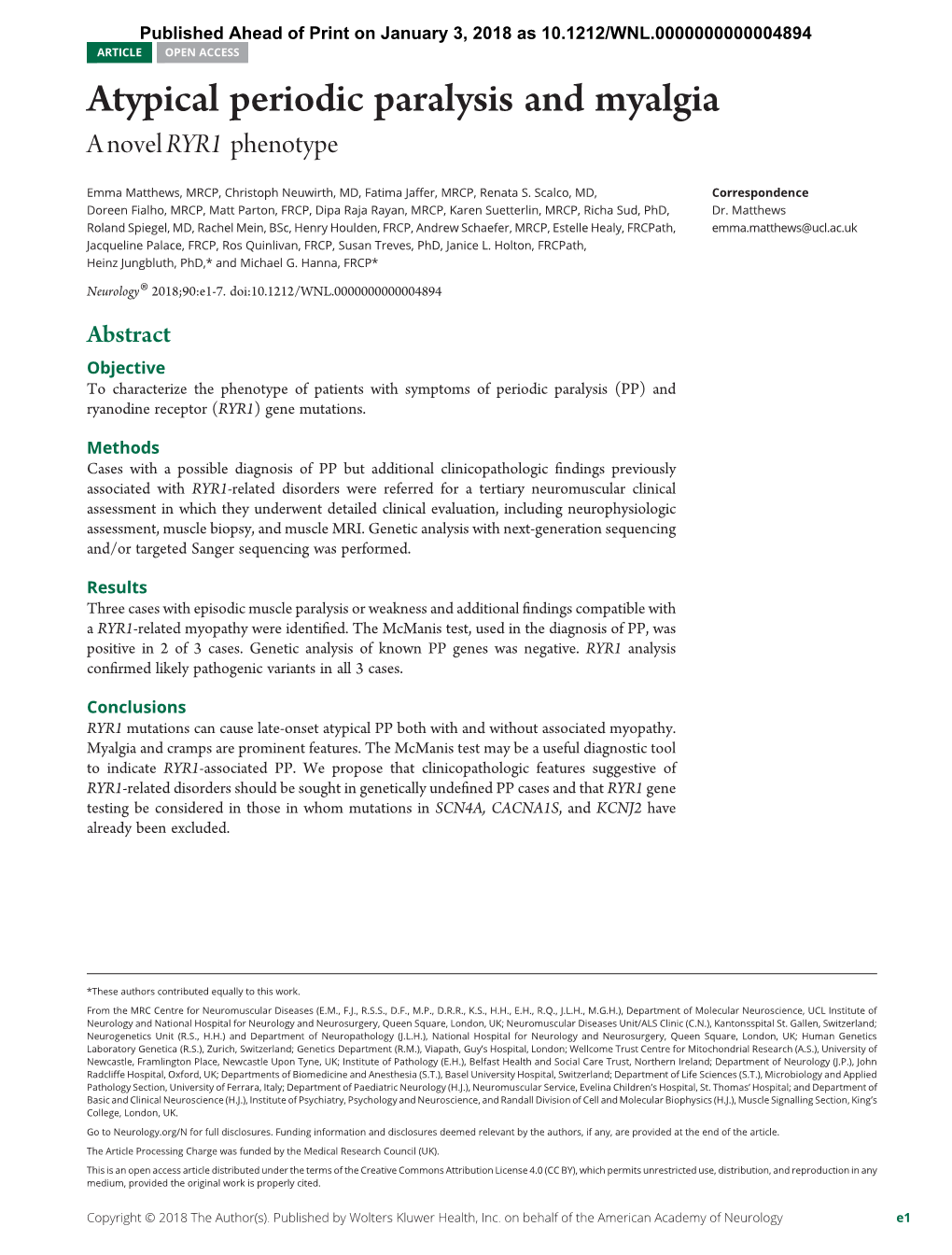 Atypical Periodic Paralysis and Myalgia a Novel RYR1 Phenotype