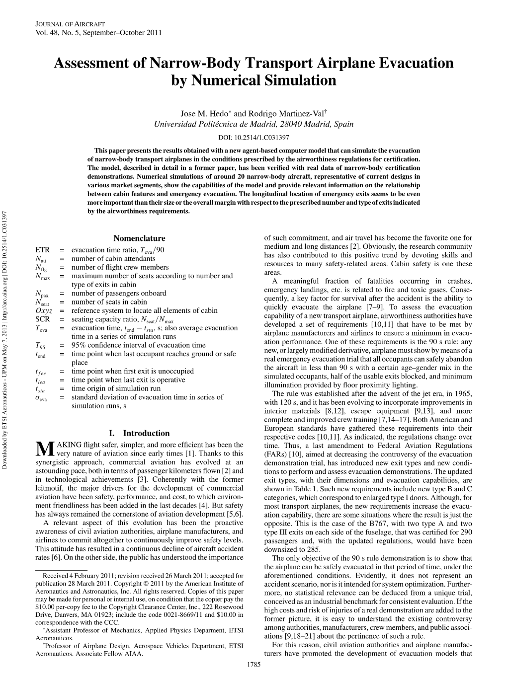 Assessment of Narrow-Body Transport Airplane Evacuation by Numerical Simulation