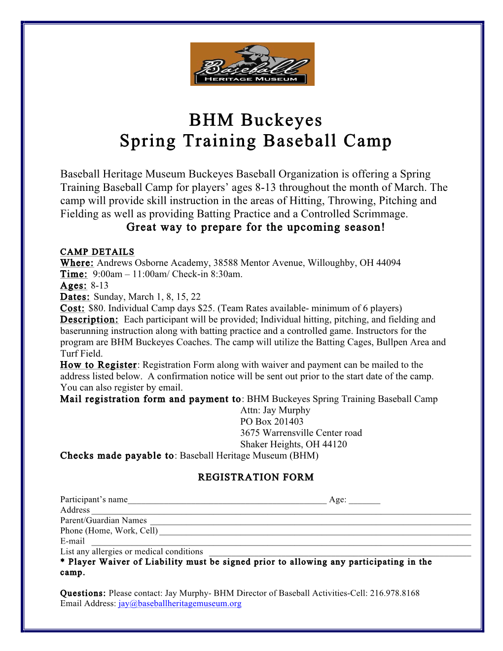 2020 BHM Buckeyes Spring Training Baseball Camp- March