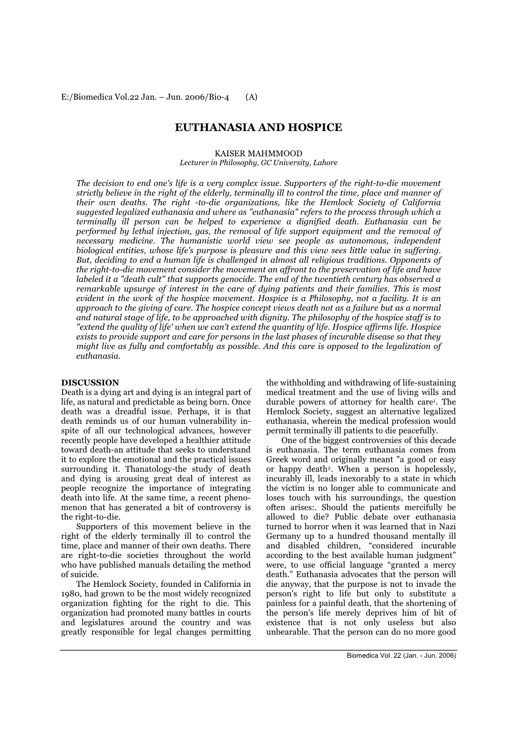 EUTHANASIA and HOSPICE -..:: Biomedica