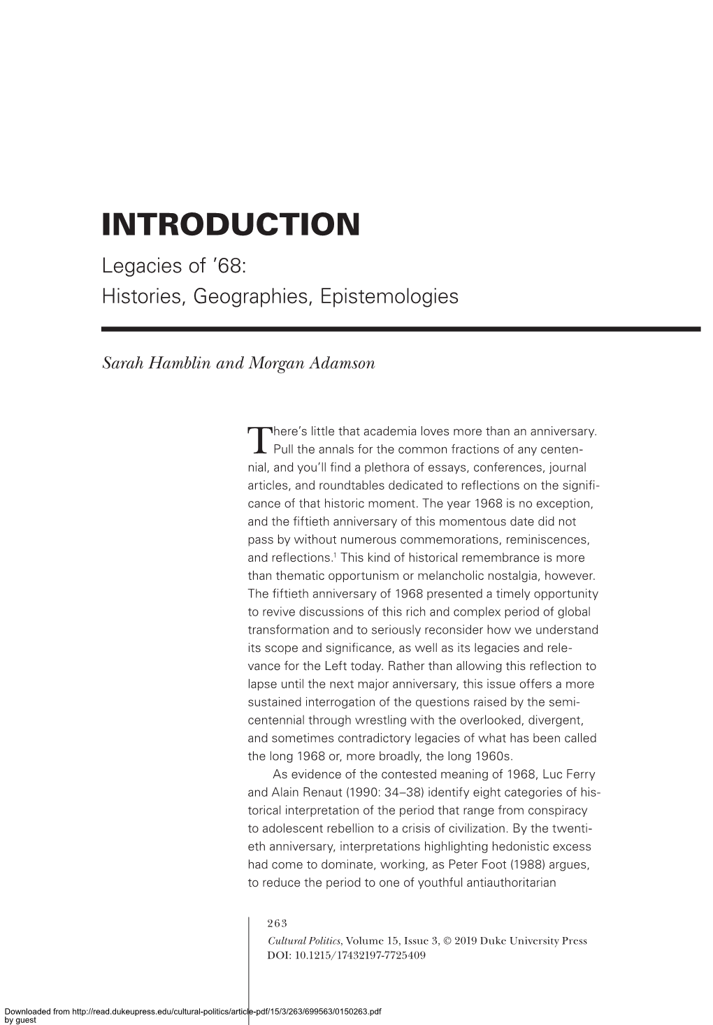 INTRODUCTION Legacies of ’68: Histories, Geographies, Epistemologies