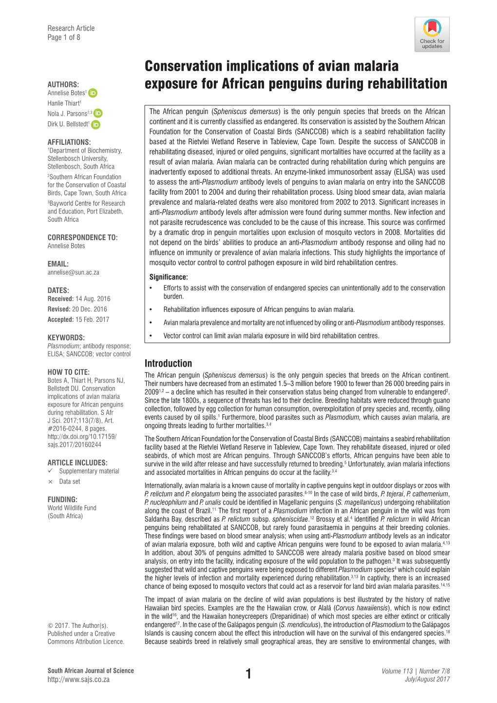 Conservation Implications of Avian Malaria Exposure for African