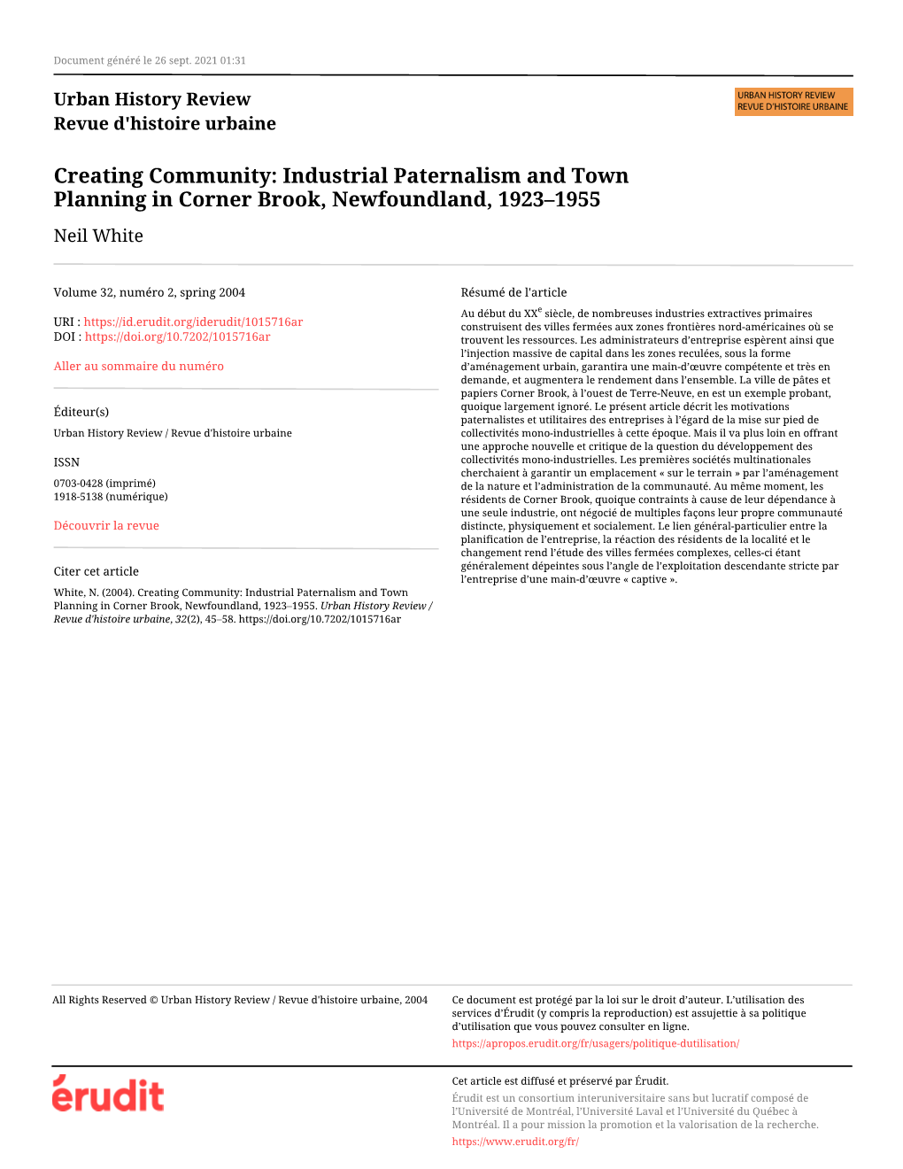 Industrial Paternalism and Town Planning in Corner Brook, Newfoundland, 1923–1955 Neil White