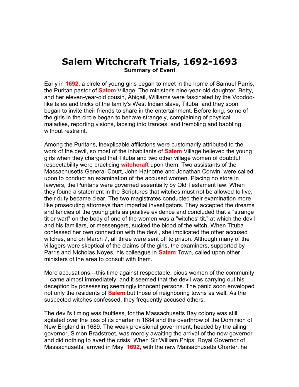 Salem Witchcraft Trials, 1692-1693