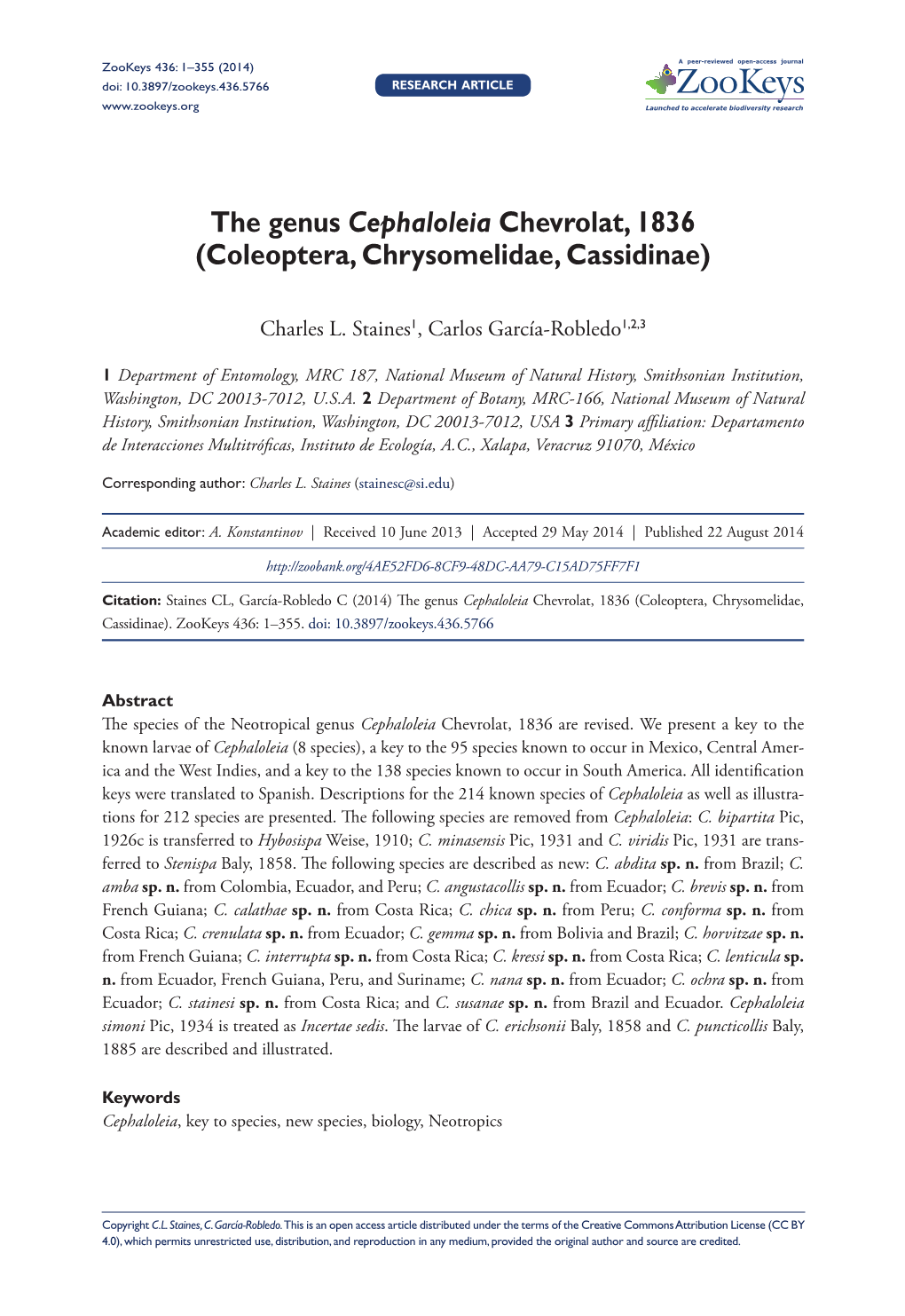 The Genus Cephaloleia Chevrolat, 1836 (Coleoptera, Chrysomelidae, Cassidinae)