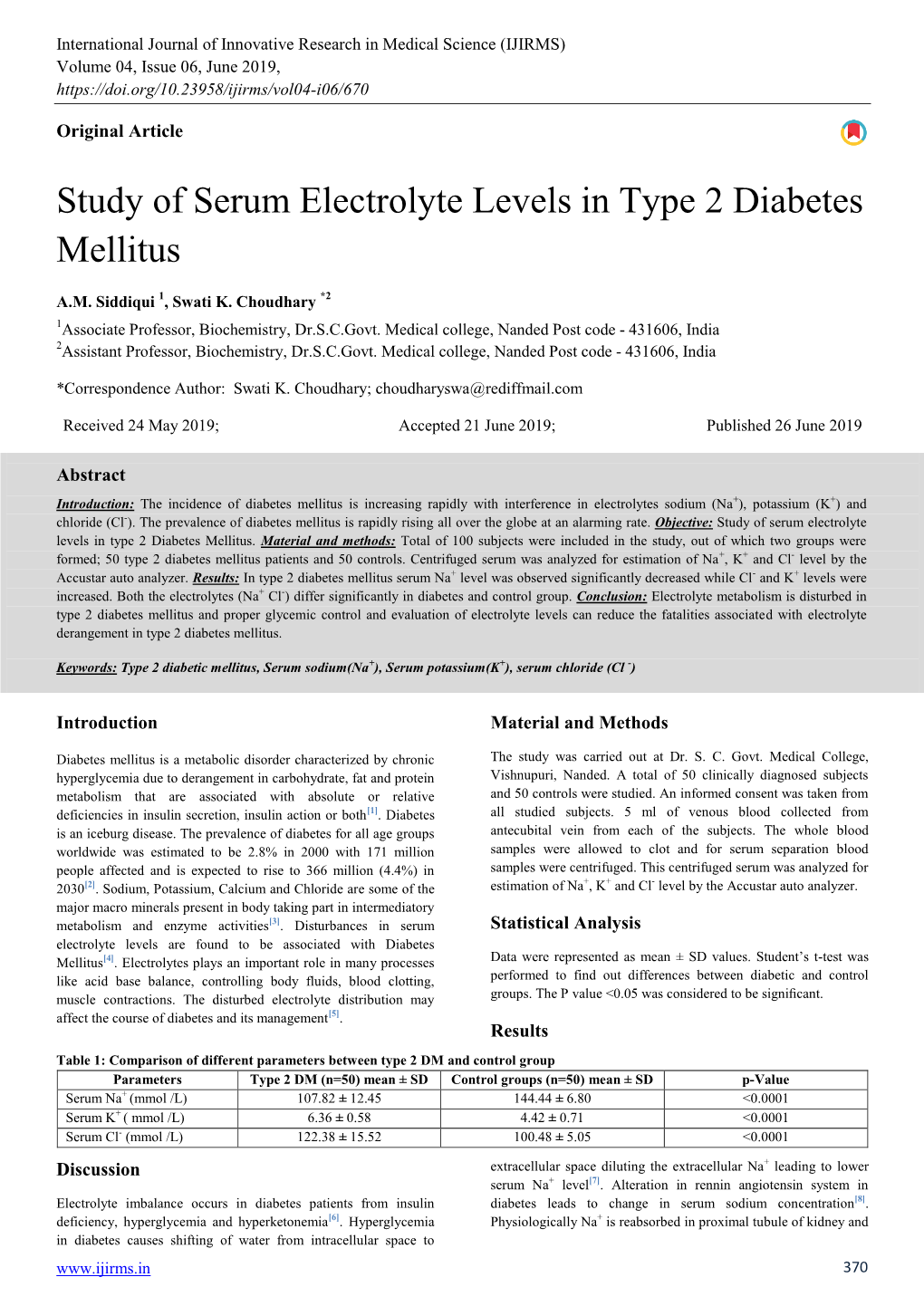 Study of Serum Electrolyte Levels in Type 2 Diabetes Mellitus