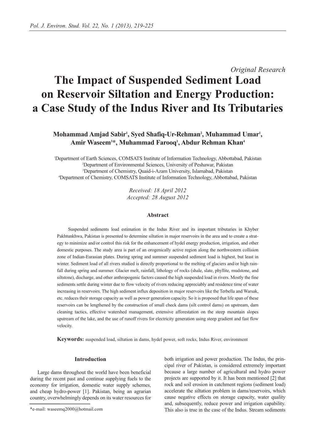 The Impact of Suspended Sediment Load on Reservoir Siltation and Energy Production: a Case Study of the Indus River and Its Tributaries