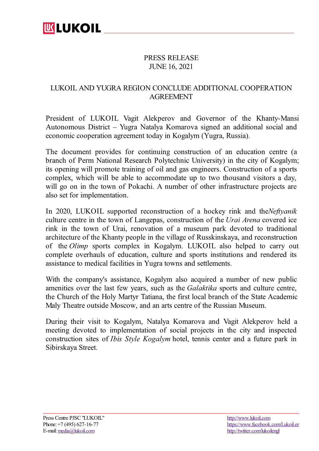 Press Release June 16, 2021 Lukoil and Yugra Region