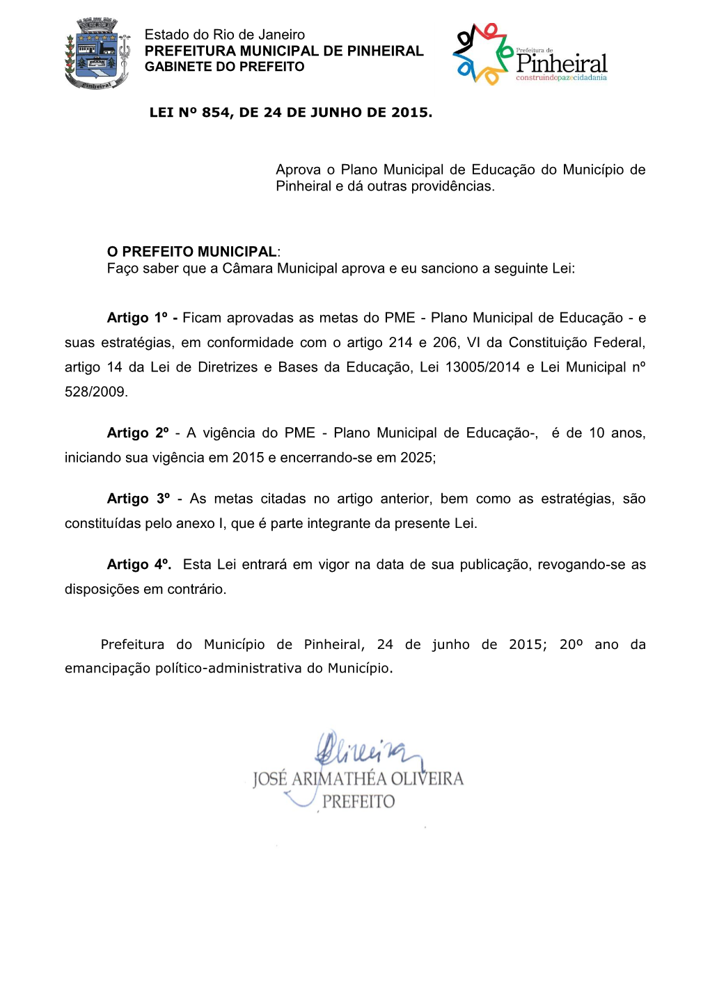 Pinheiral Lei 854-15 Plano Municipal De Educação