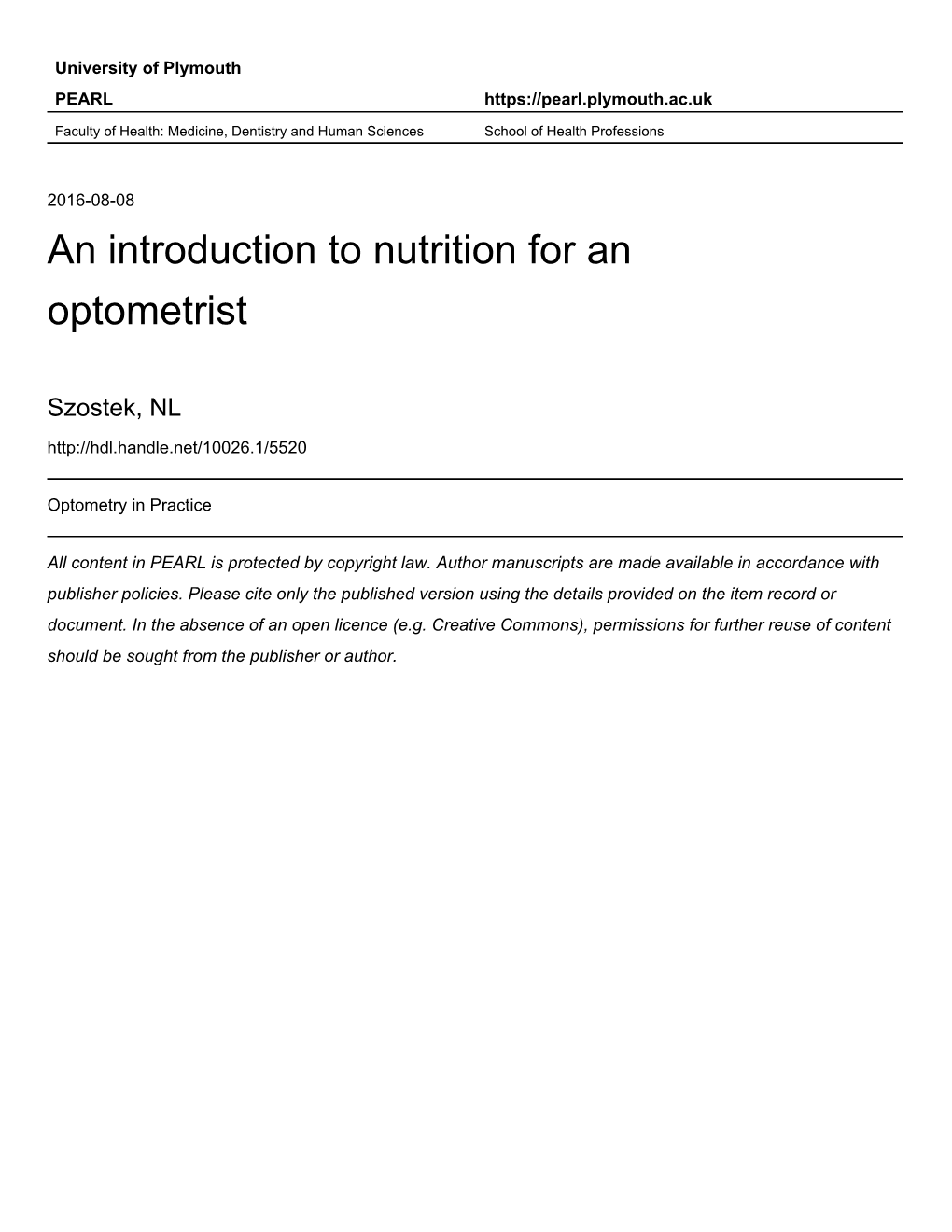 An Introduction to Nutrition for an Optometrist