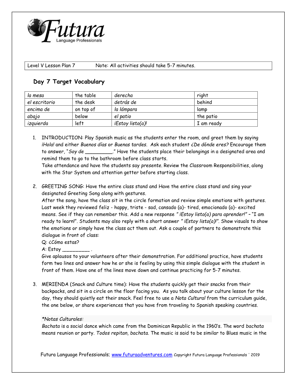 Level V Day 7 Lesson Plan