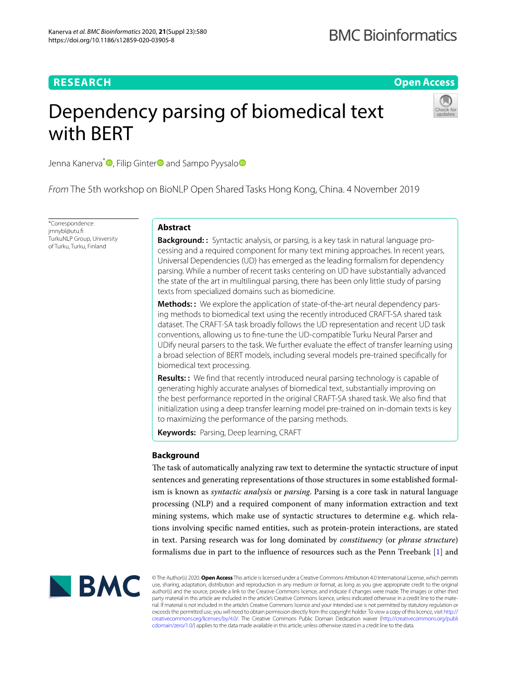 Dependency Parsing of Biomedical Text with BERT