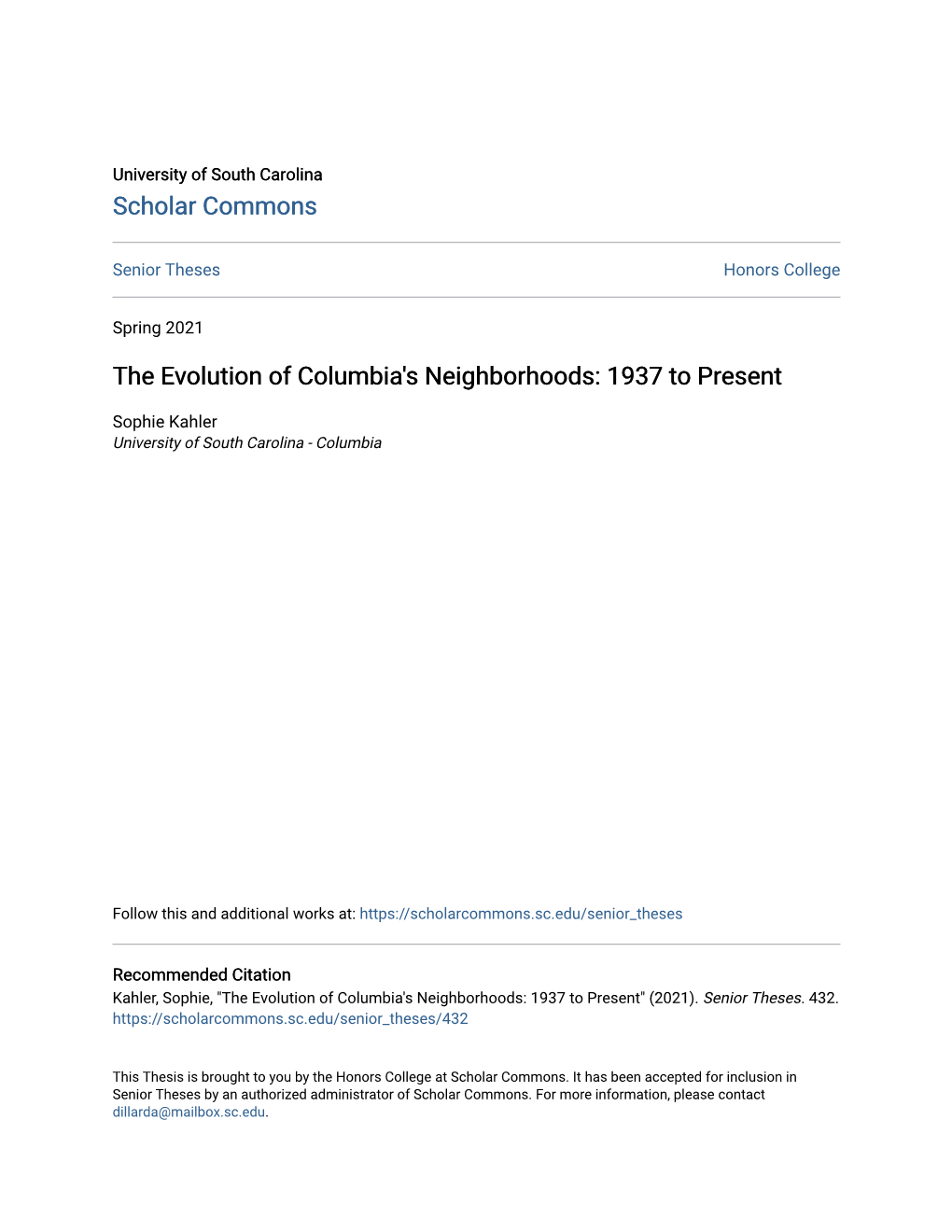 The Evolution of Columbia's Neighborhoods: 1937 to Present