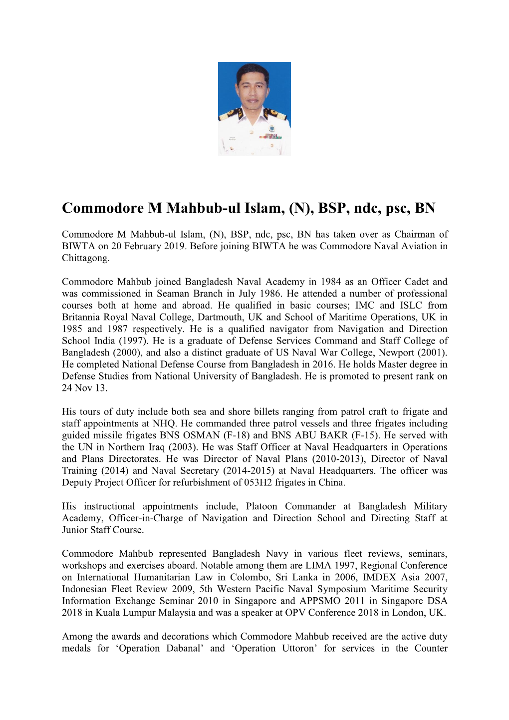 Commodore M Mahbub-Ul Islam, (N), BSP, Ndc, Psc, BN