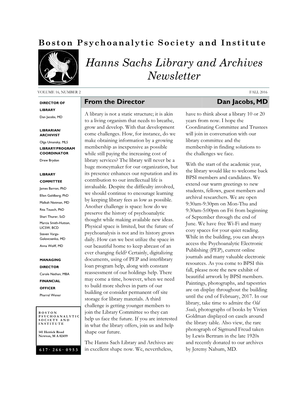 Hanns Sachs Library and Archives Newsletter