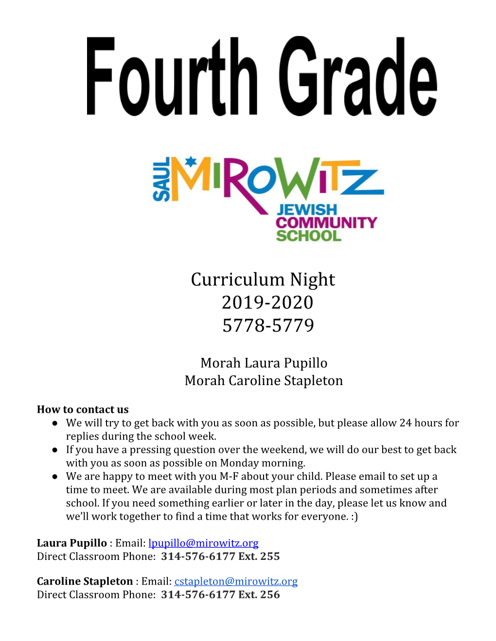 Curriculum Night 2019-2020 5778-5779