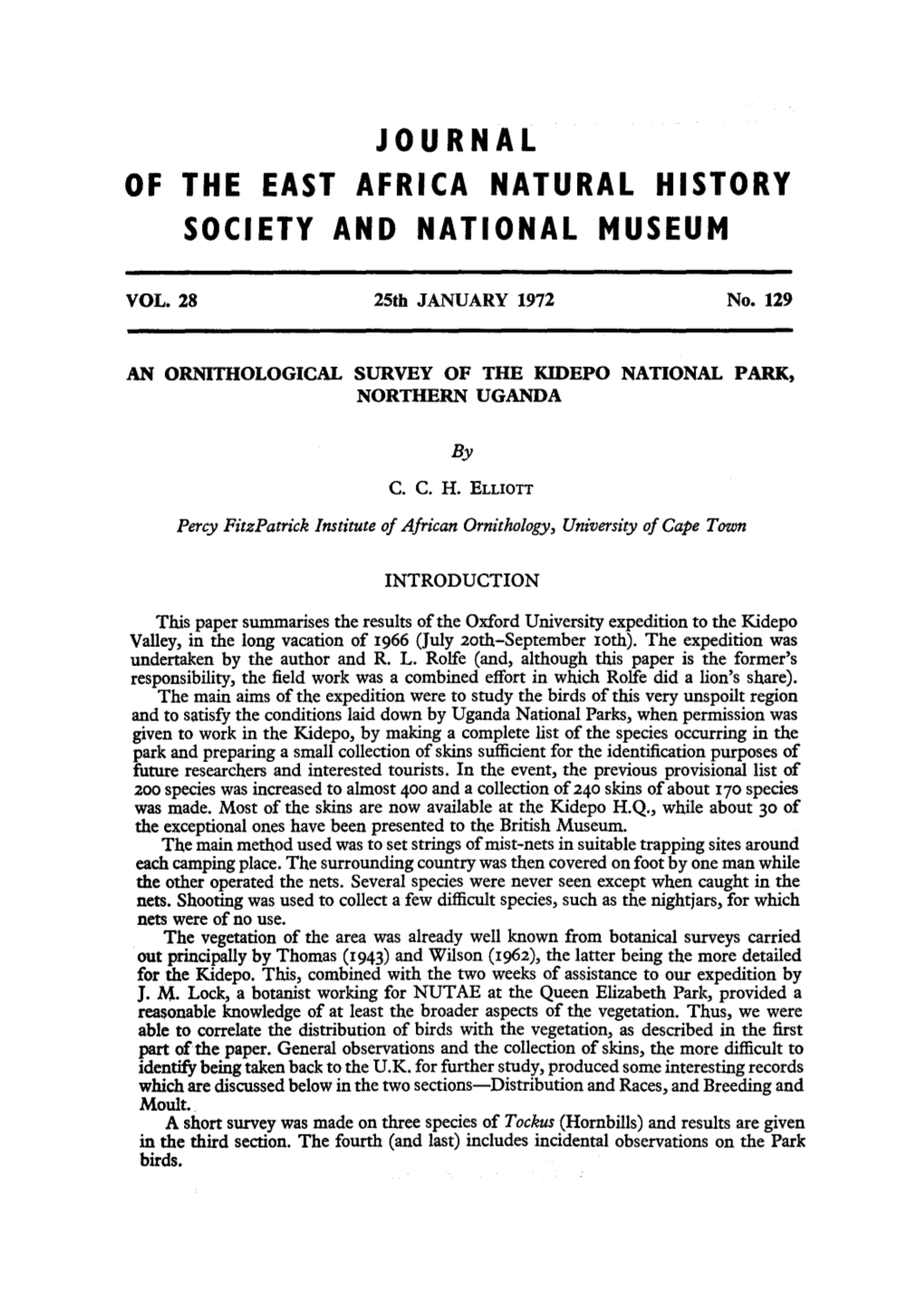 An Ornithological Survey of the Kidepo National Park, Northern Uganda