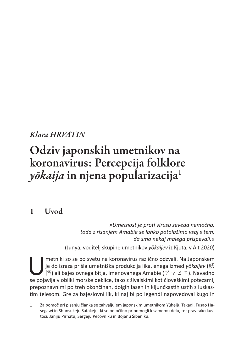 Odziv Japonskih Umetnikov Na Koronavirus: Percepcija Folklore Yōkaija in Njena Popularizacija1