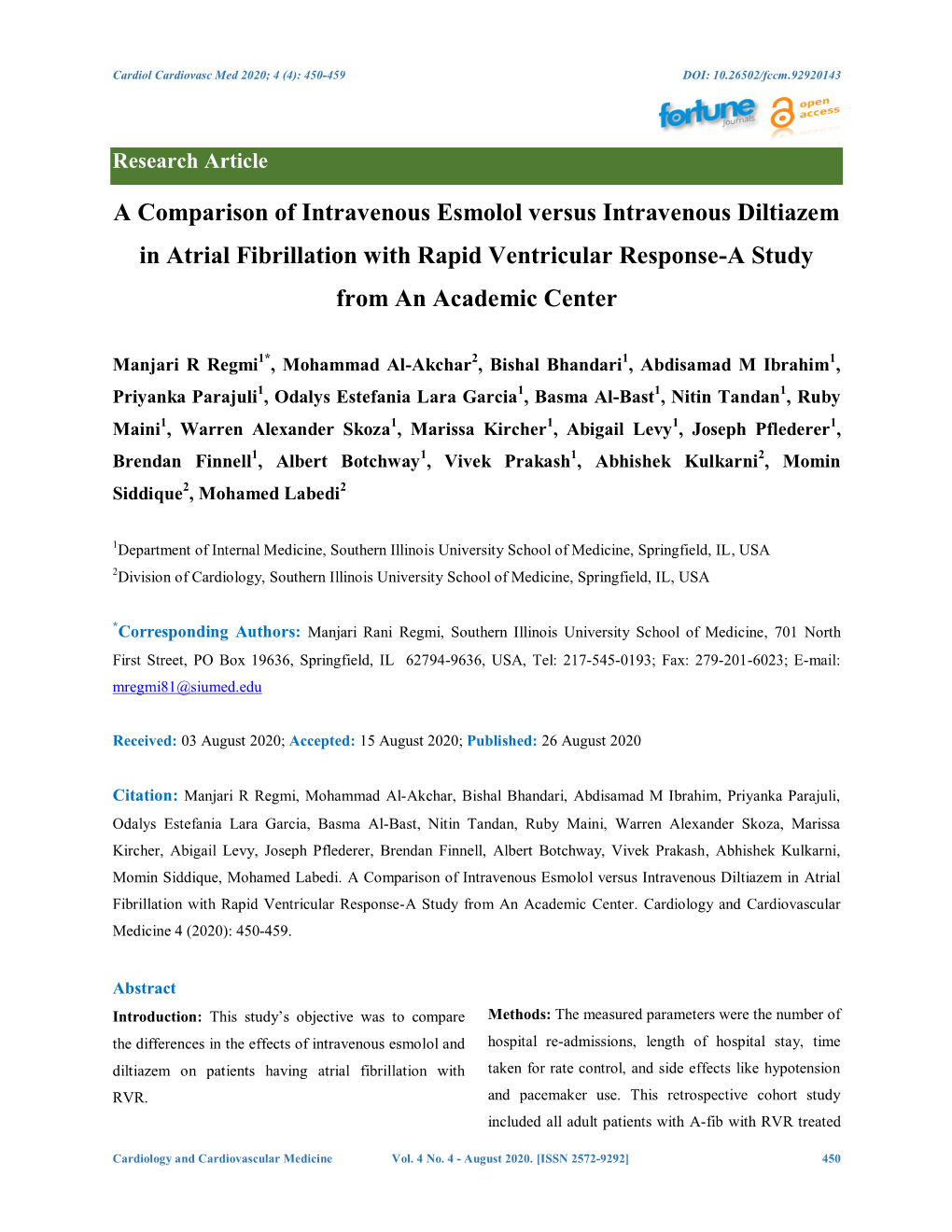 A Comparison of Intravenous Esmolol Versus Intravenous Diltiazem in Atrial Fibrillation with Rapid Ventricular Response-A Study from an Academic Center