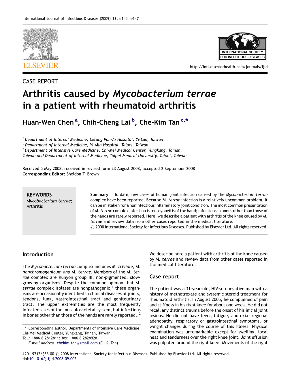 Arthritis Caused by Mycobacterium Terrae in a Patient with Rheumatoid Arthritis