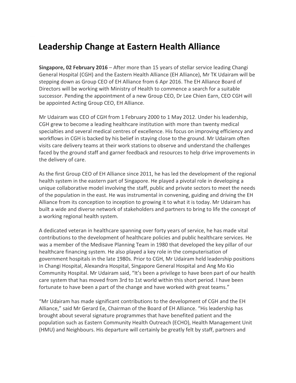 Leadership Change at Eastern Health Alliance