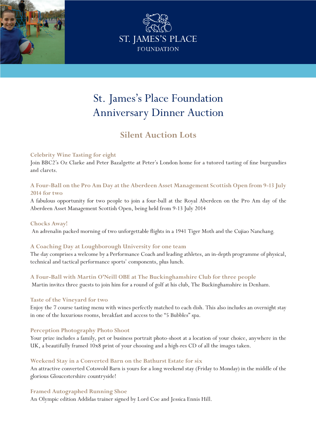 St. James's Place Foundation Anniversary Dinner Auction