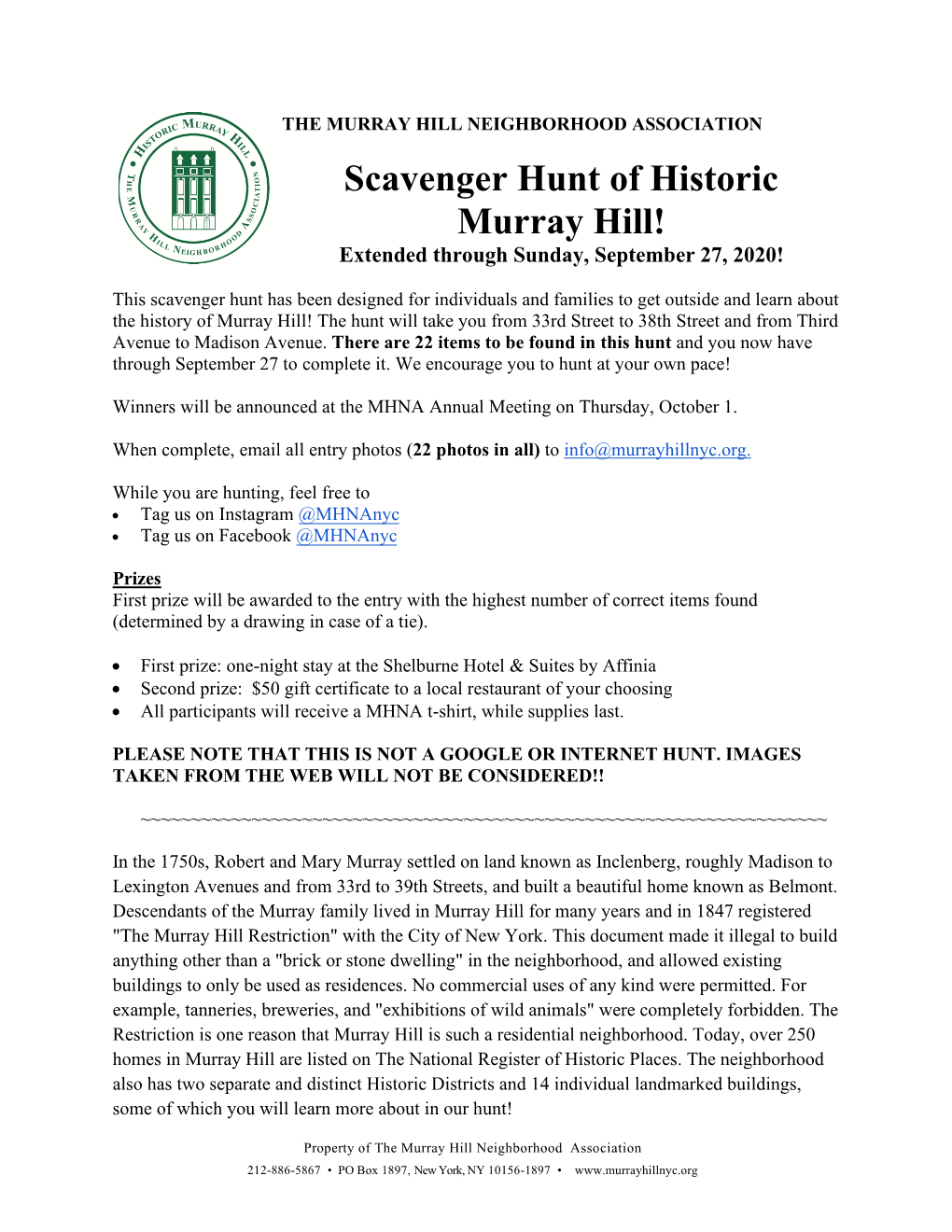 Scavenger Hunt of Historic Murray Hill! Extended Through Sunday, September 27, 2020!