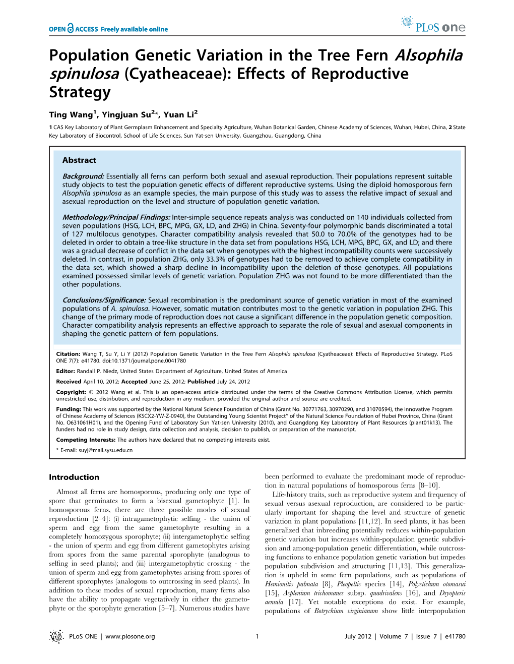 Population Genetic Variation in the Tree Fern Alsophila Spinulosa (Cyatheaceae): Effects of Reproductive Strategy