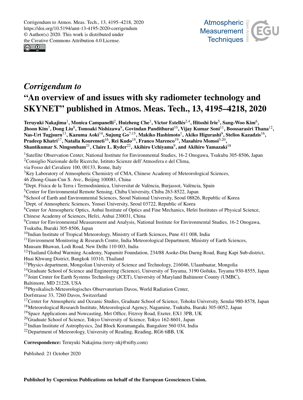 Corrigendum to “An Overview of and Issues with Sky Radiometer Technology and SKYNET” Published in Atmos