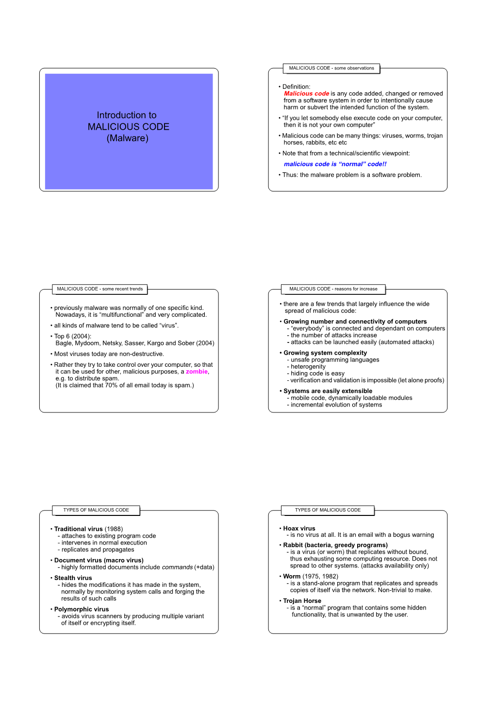 Introduction to (Malware) MALICIOUS CODE