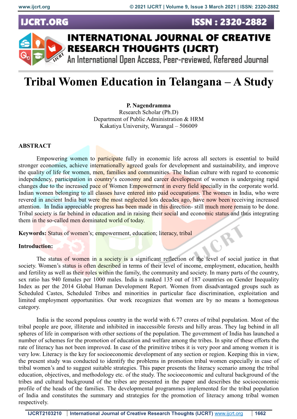 Tribal Women Education in Telangana – a Study